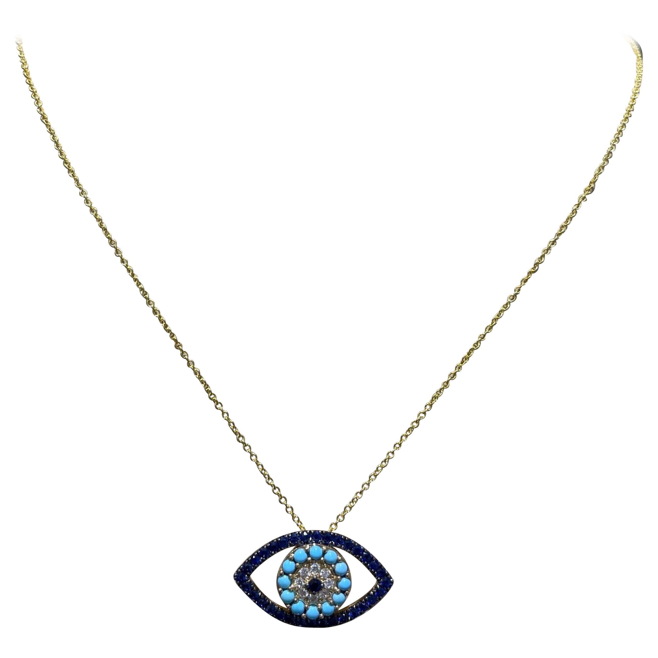 Beautiful Sapphire, Turquoise & Diamond Devil Eye Necklace In 14k For Sale