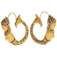 Assyrian Revival Antique Gold and Enamel Earrings