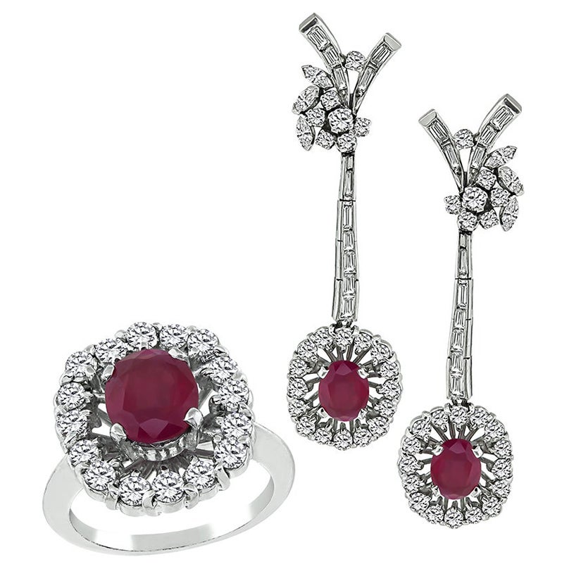4.00ct Ruby 3.25ct Diamond Ring and Earrings Set For Sale