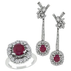 Vintage 4.00ct Ruby 3.25ct Diamond Ring and Earrings Set