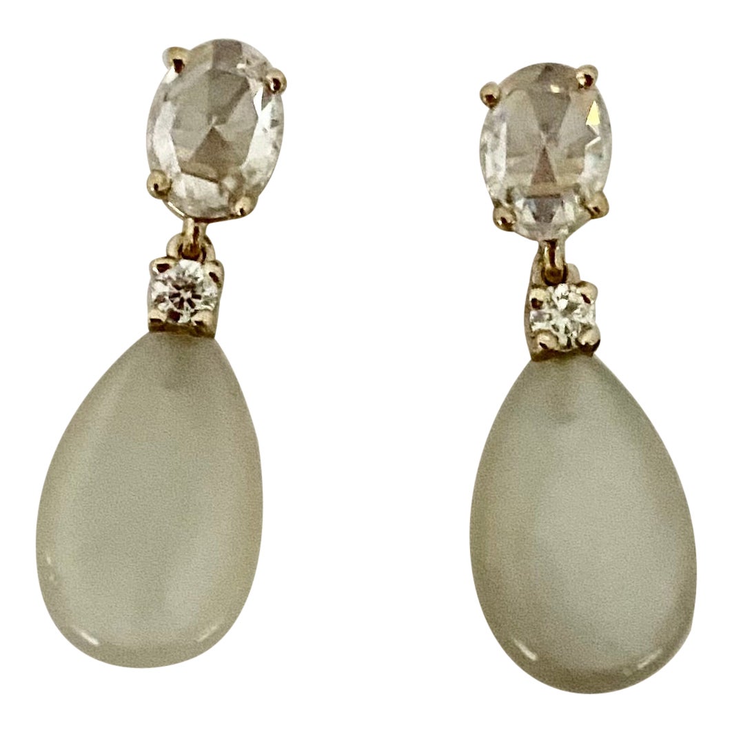 Michael Kneebone White Moonstone Rose Cut Diamond Dangle Earrings For Sale