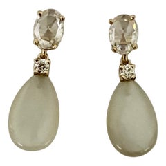 Michael Kneebone White Moonstone Rose Cut Diamond Dangle Earrings