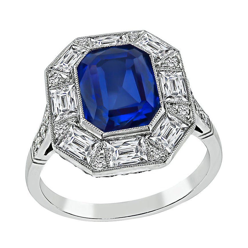 Art Deco 3.76ct Natural No Heat Ceylon Sapphire 1.00ct Diamond Engagement Ring For Sale