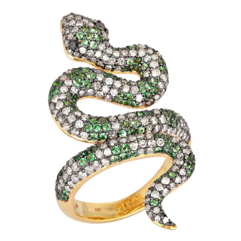 Long Snake Diamonds and Tsavorites ring  in 18k Gold & Silver For Sale
