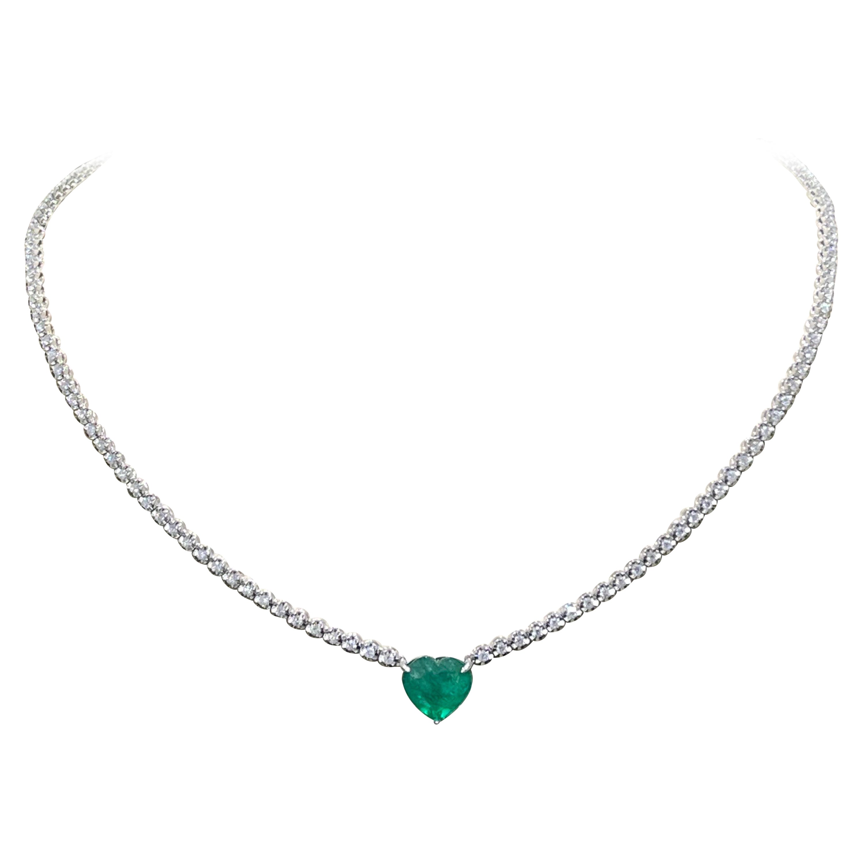 Gorgeous Emerald And Diamond Necklace In 18k White Gold  For Sale