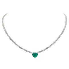 Gorgeous Emerald And Diamond Necklace In 18k White Gold 