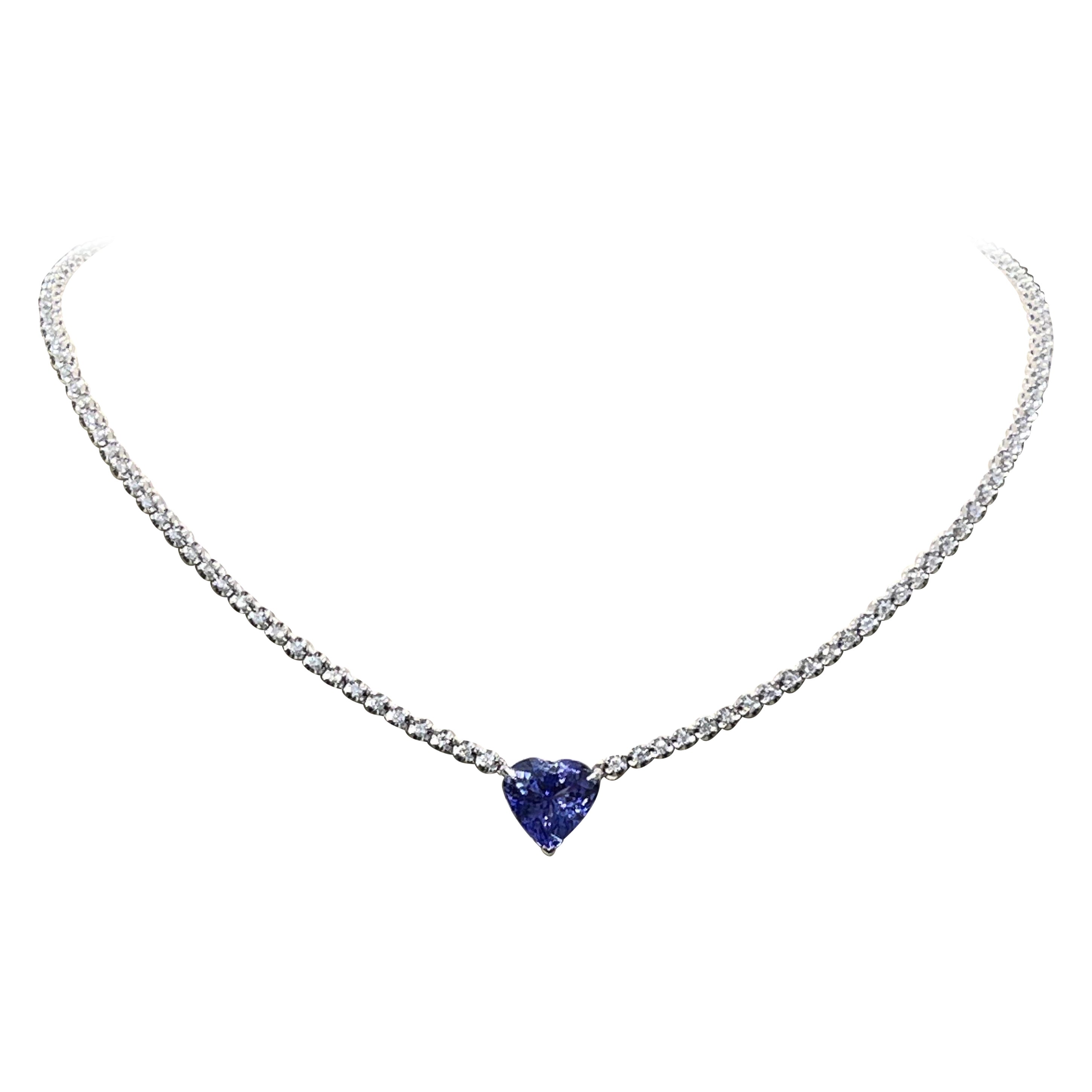 Stunning Tanzanite And Diamond Necklace In 18k White Gold 