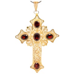 Antique Gilt Sterling Silver Filigree Wire and Garnet Gemstone Pendant Cross