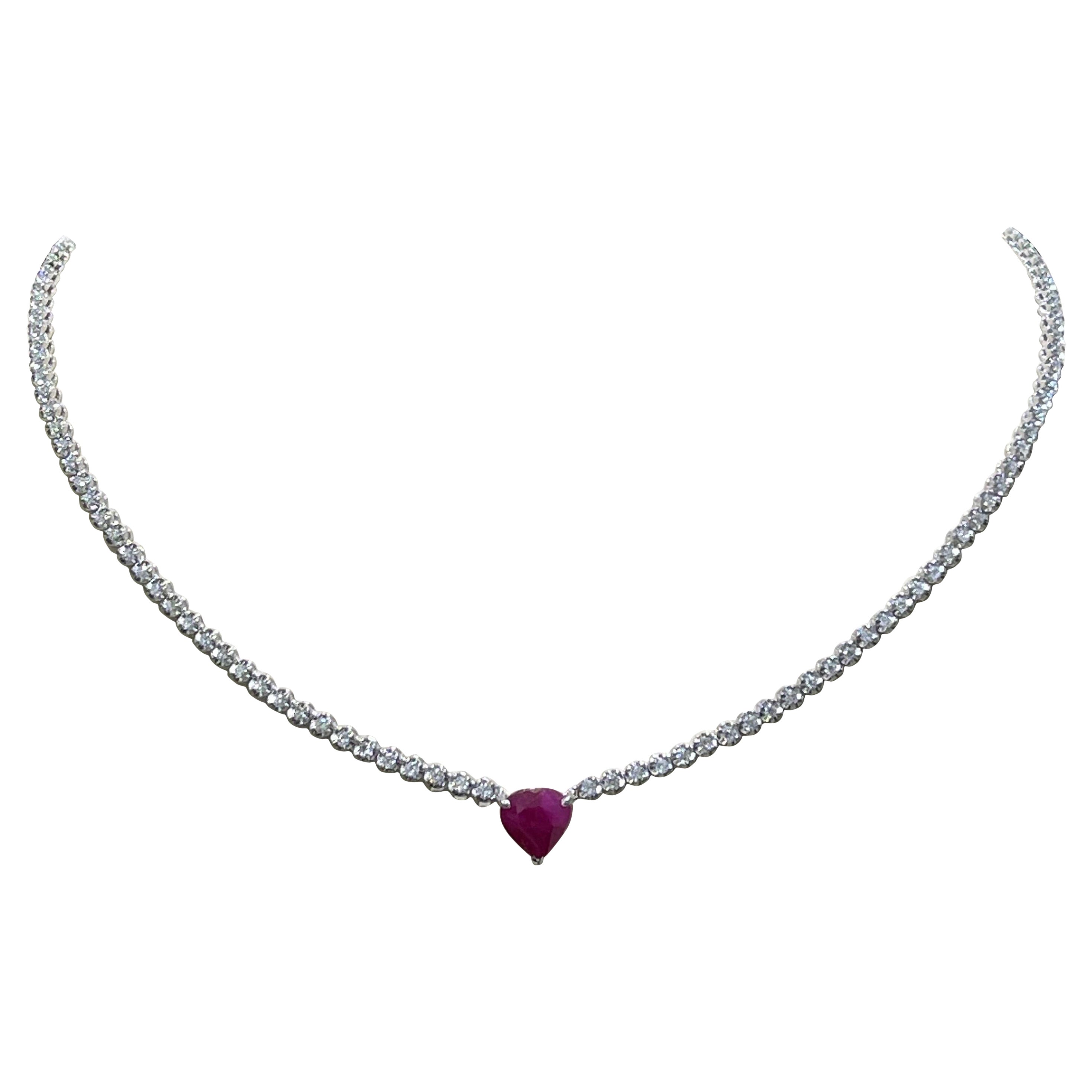 Beautiful Ruby And Diamond Necklace In 18k White Gold 