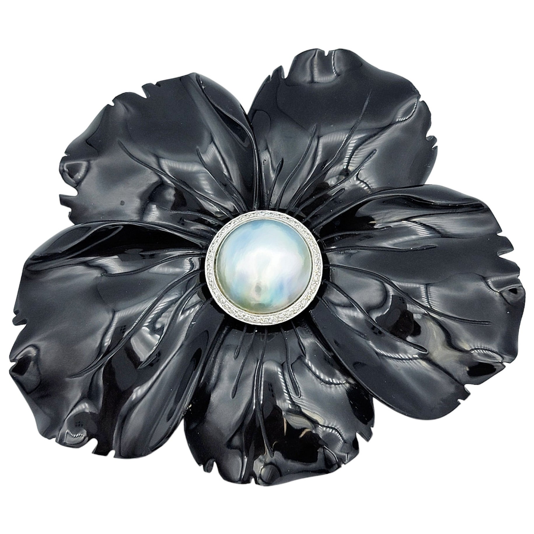 Huge Carved Onyx Flower Brooch with Mabe Pearl and Diamond Halo in 18 Karat Gold For Sale