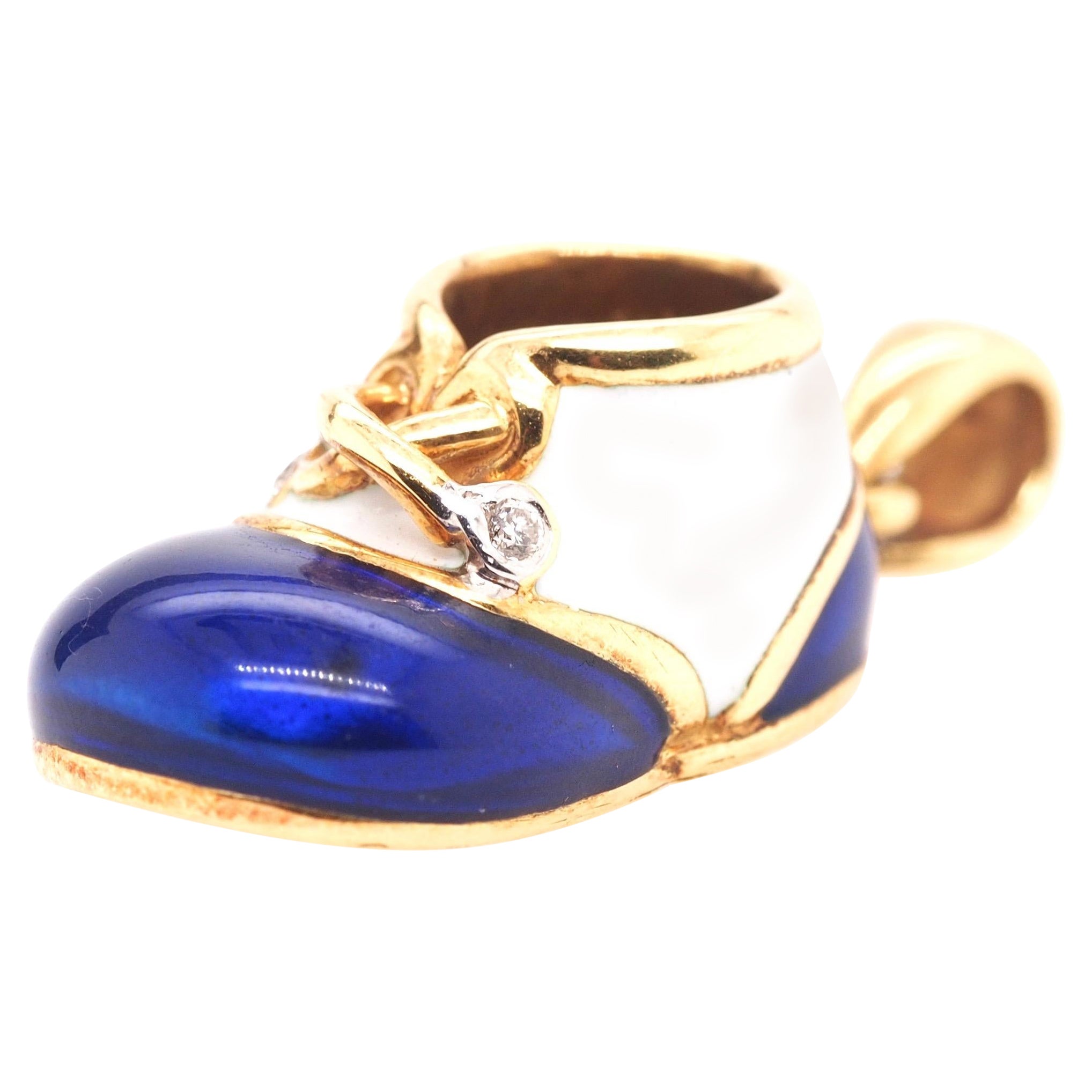 18K Yellow Gold Baby Boots Blue and White Enamel, Diamond Pendant & Charm For Sale