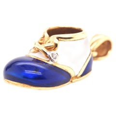 18K Yellow Gold Baby Boots Blue and White Enamel, Diamond Pendant & Charm