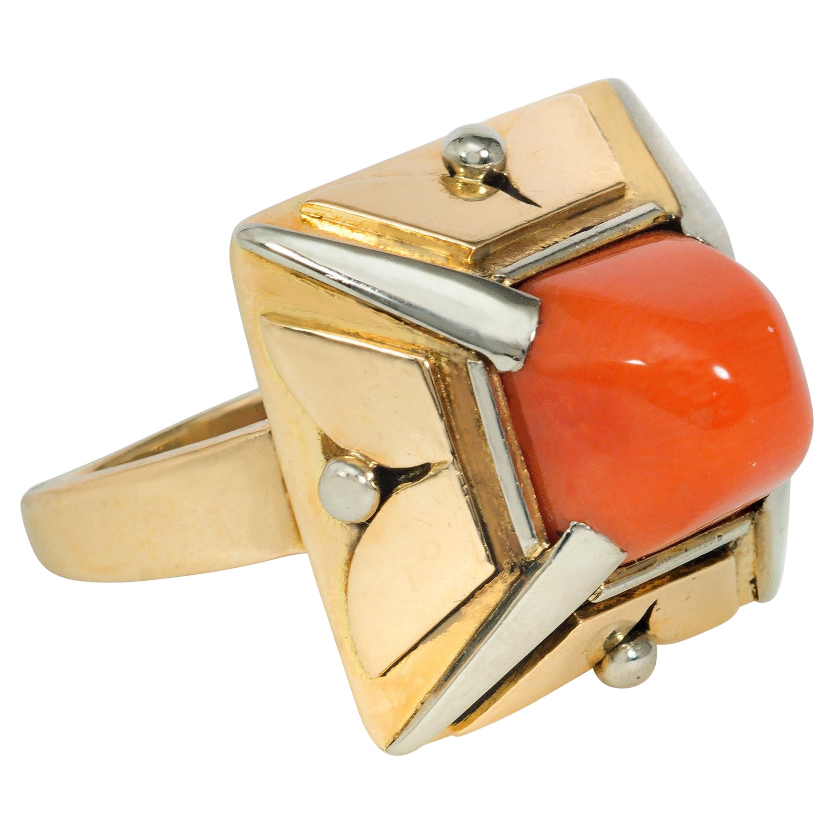 Art Deco Sugarloaf Coral, Gold, and Platinum Pyramid-Shape Ring For Sale