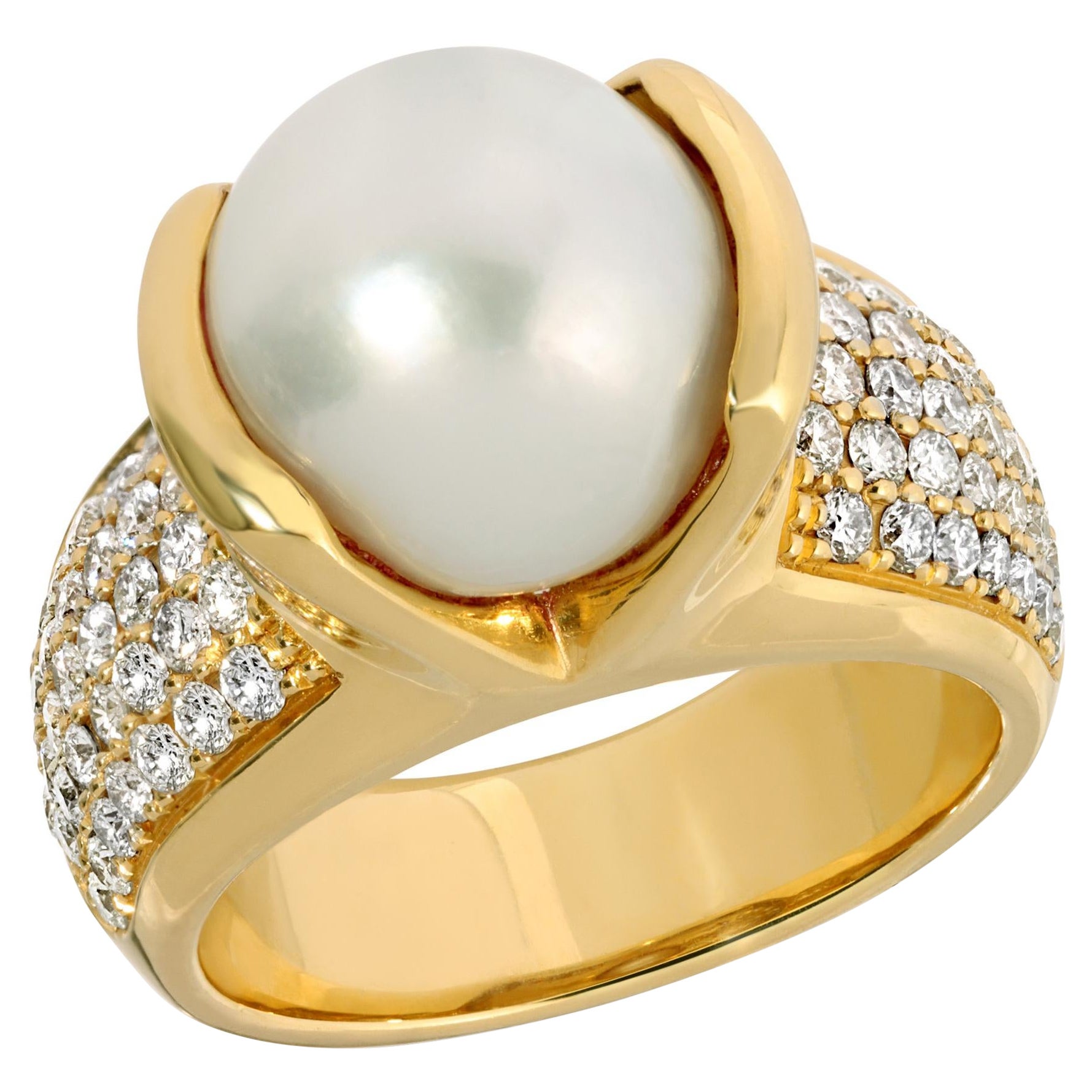 House of RAVN, 14k Gold Bella Pearl RIng with Pave Diamond Shoulders For Sale