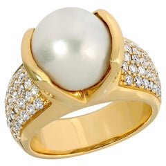 House of RAVN, 14k Gold Bella Pearl RIng with Pave Diamond Shoulders