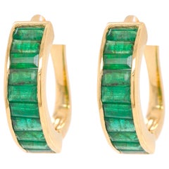 18 Karat Yellow Gold Emerald Baguette Cut Half-Hoop Earrings