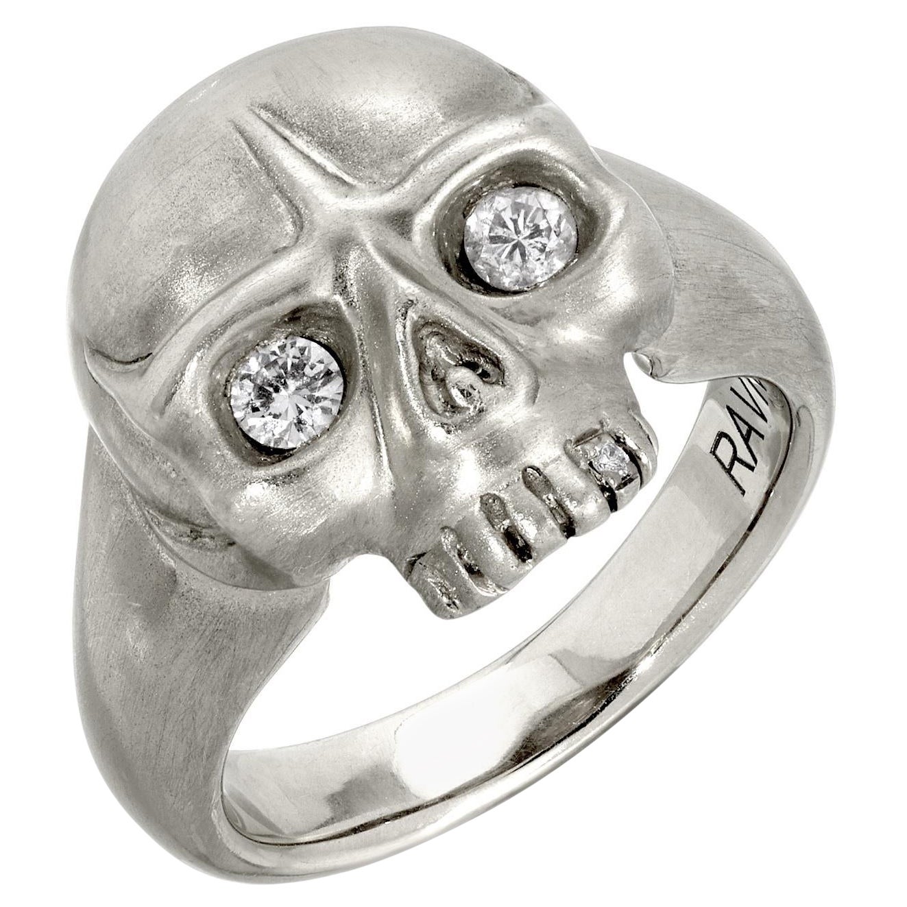 House of RAVN, Jawless Sterling Silver Hand Carved Small Skull Ring, Diamonds For Sale