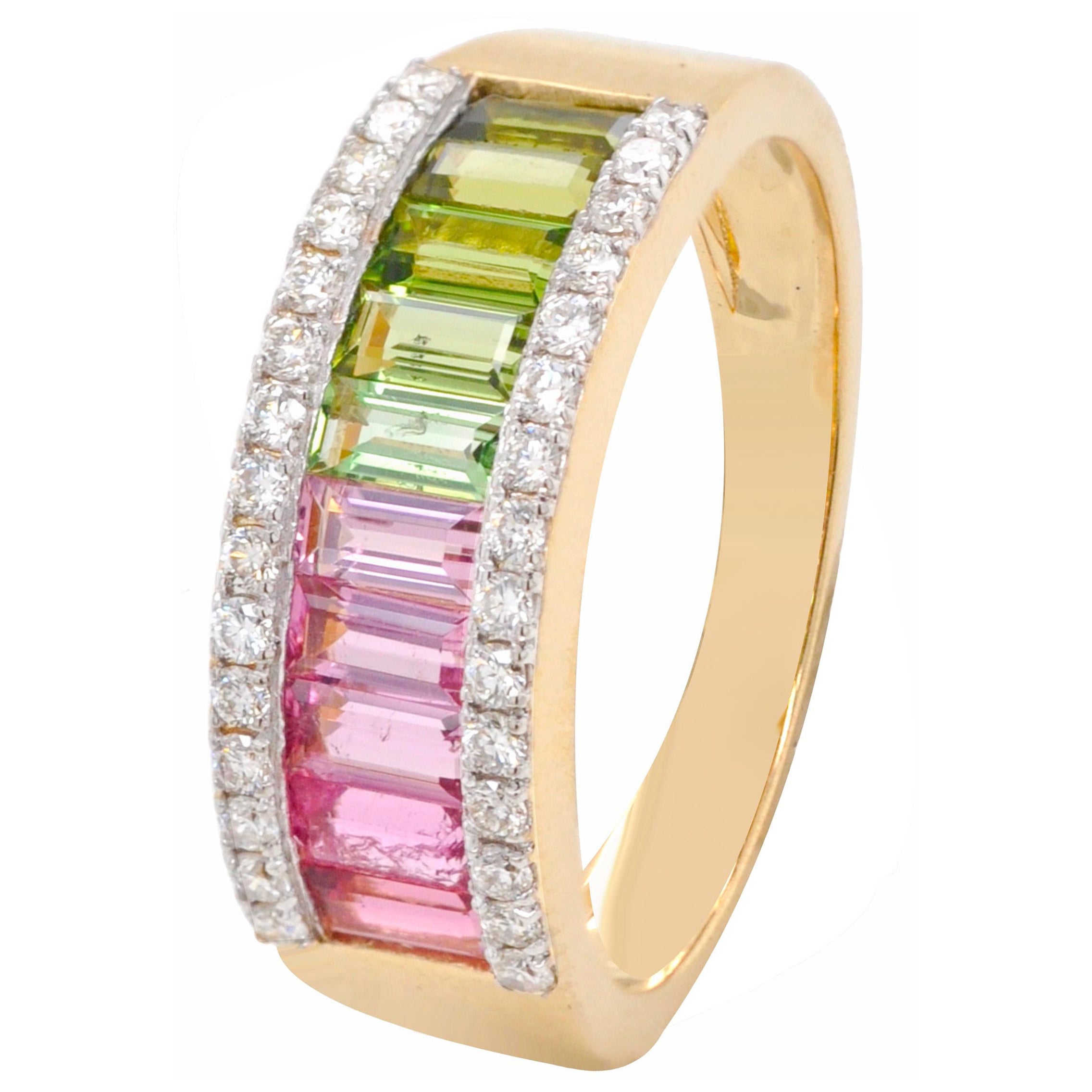 For Sale:  18 Karat Yellow Gold Bi-Color Tourmaline Baguette Diamond Band Ring