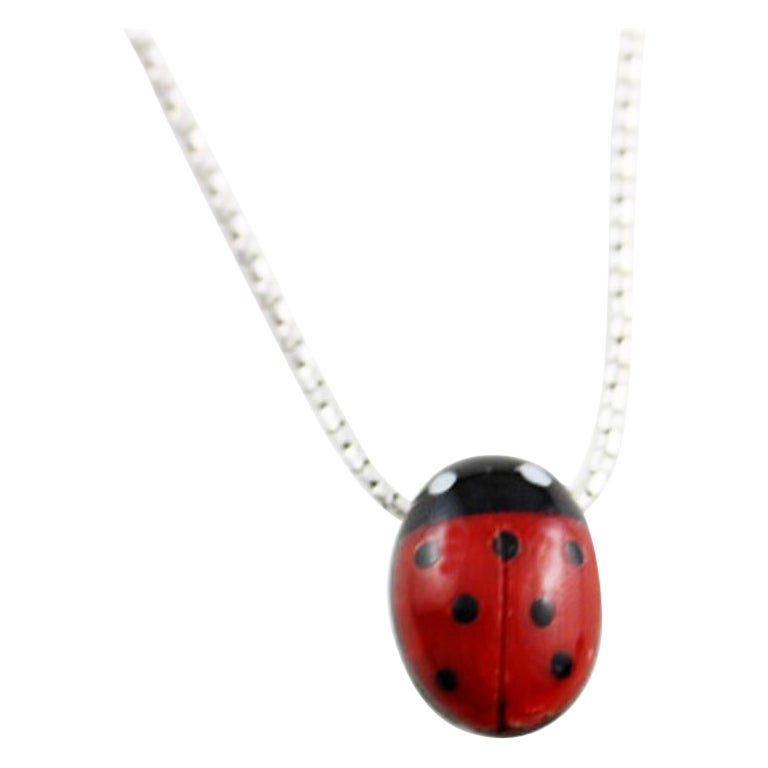 925 Sterling Silver Ladybug Red Mediterranean Coral Onyx Necklace  For Sale