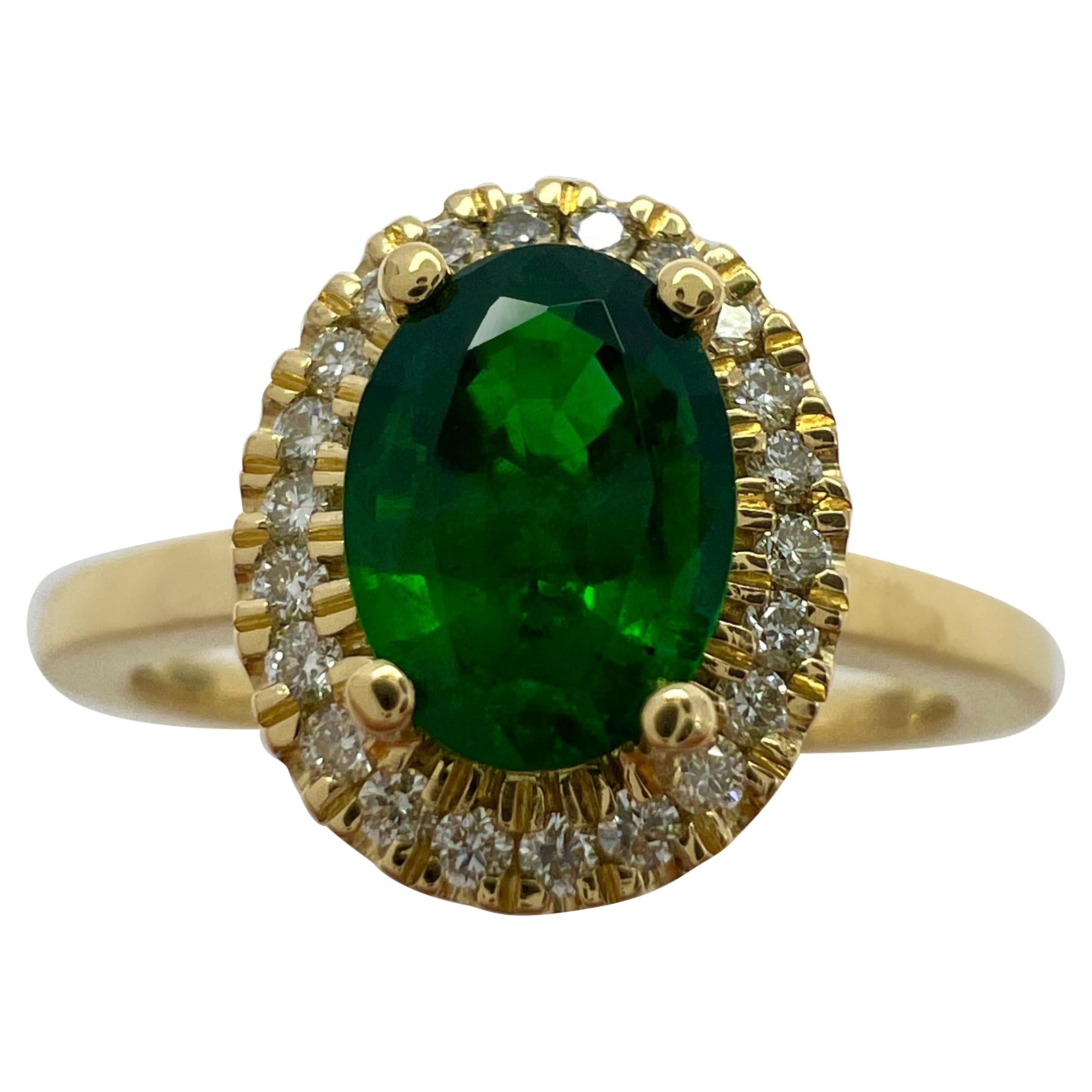 GIA Certified Deep Green Emerald And Diamond 18k Yellow Gold Cluster Halo Ring For Sale