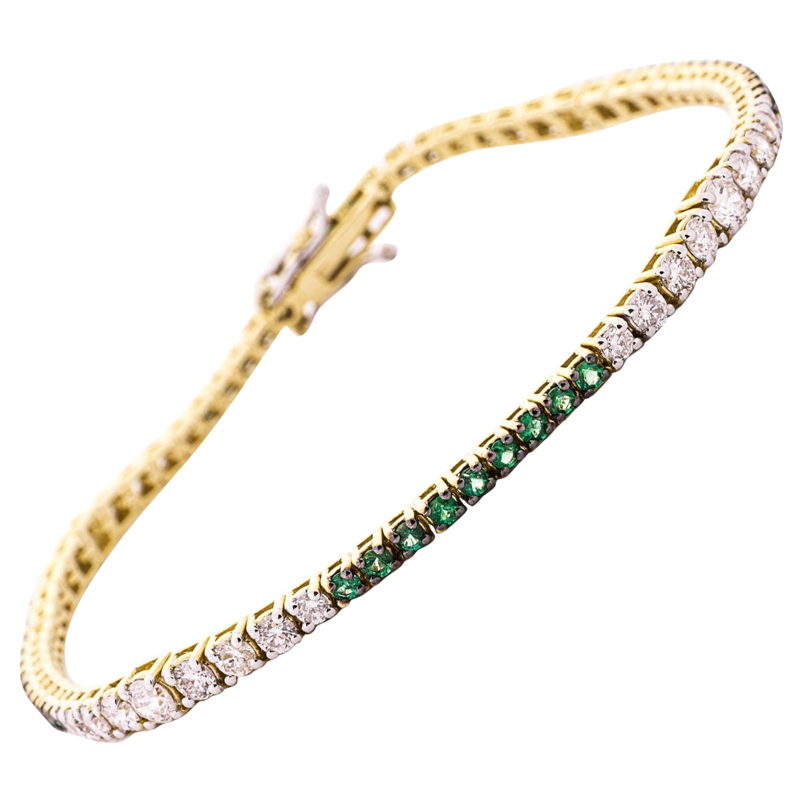 Alex Jona Emerald White Diamond 18 Karat Yellow Gold Tennis Bracelet For Sale