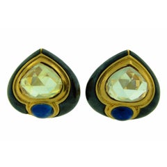 Vintage Bulgari Earrings Sapphire 18k Yellow Gold Hematite Estate Jewelry