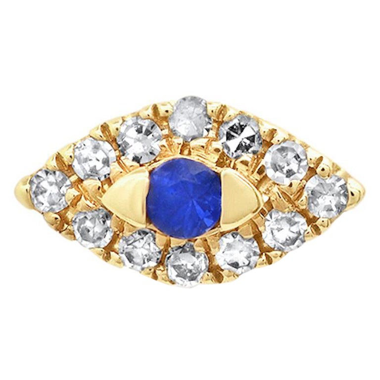 14K Gold with Diamonds and Sapphire SINGLE Evil Eye Stud Earring For Sale