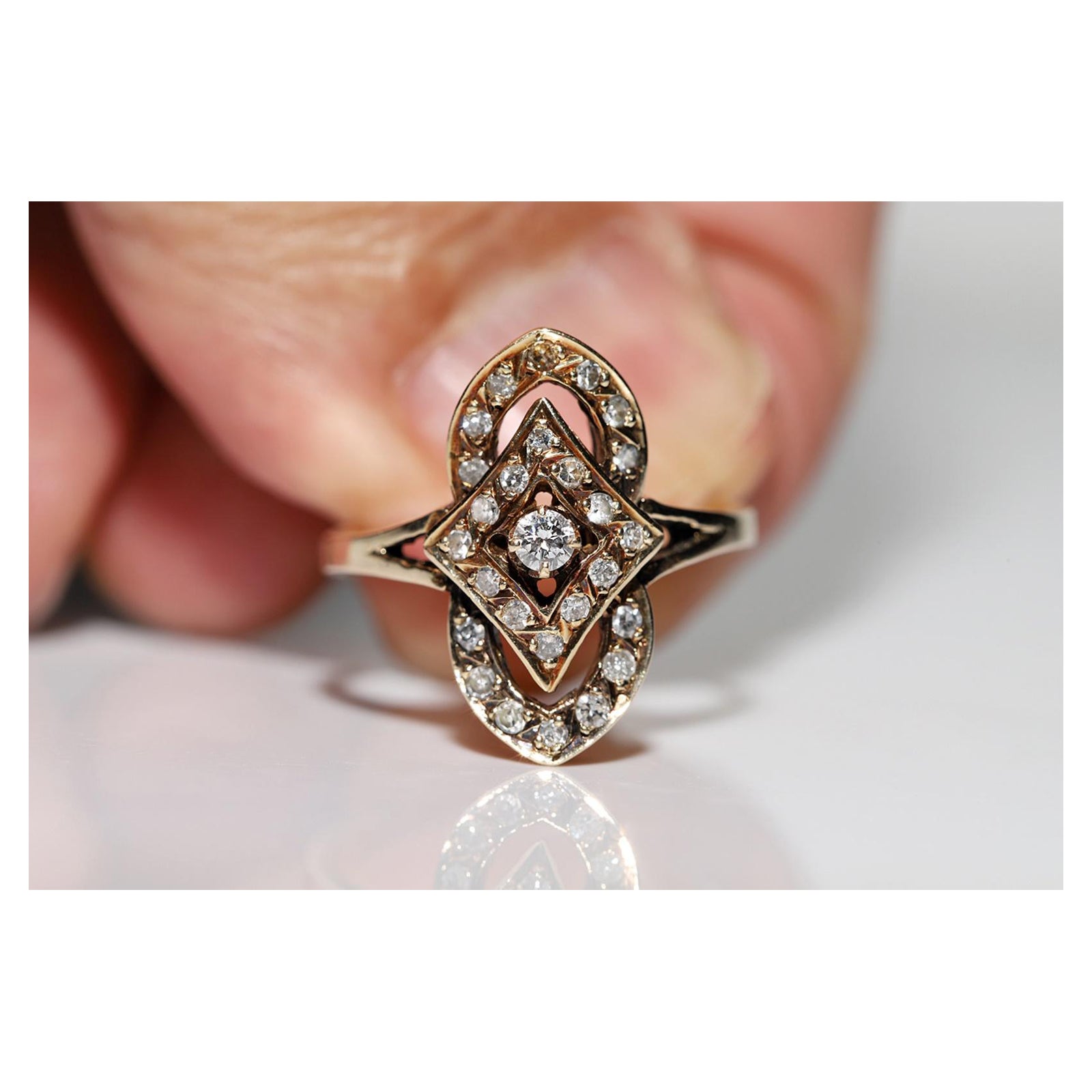 Vintage Circa 1980s 14k Gold Natural Diamond Decorated Navette Ring For Sale