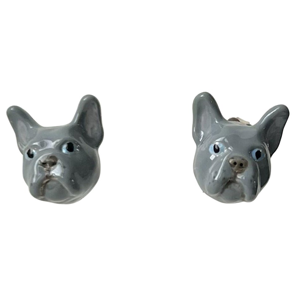 French Bulldog Enamel Grey Blue Eyes Sterling Silver 925 Dog Stud Earrings  For Sale