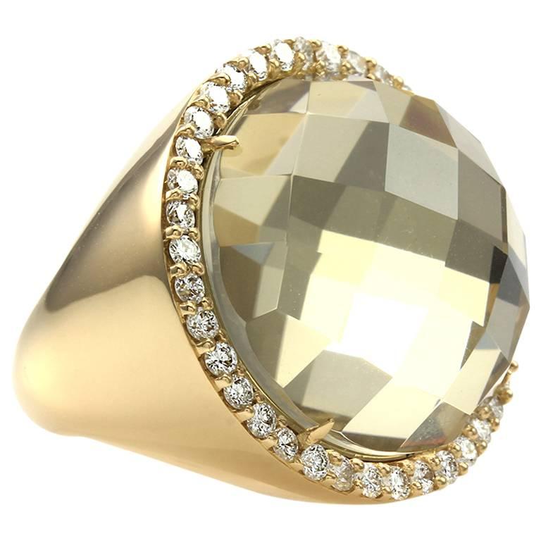 Roberto Coin Classics Gold Quartz Crystal and Pavé Diamond Halo Gold Ring For Sale