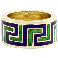 Tiffany & Co. Gold with Blue & Green Enamel Greek Pattern Ring