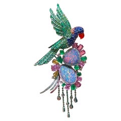 NEU $38, 000 Seltene 18KT Schwarzer Opal Fancy Papagei Diamant Saphir Smaragd Brosche