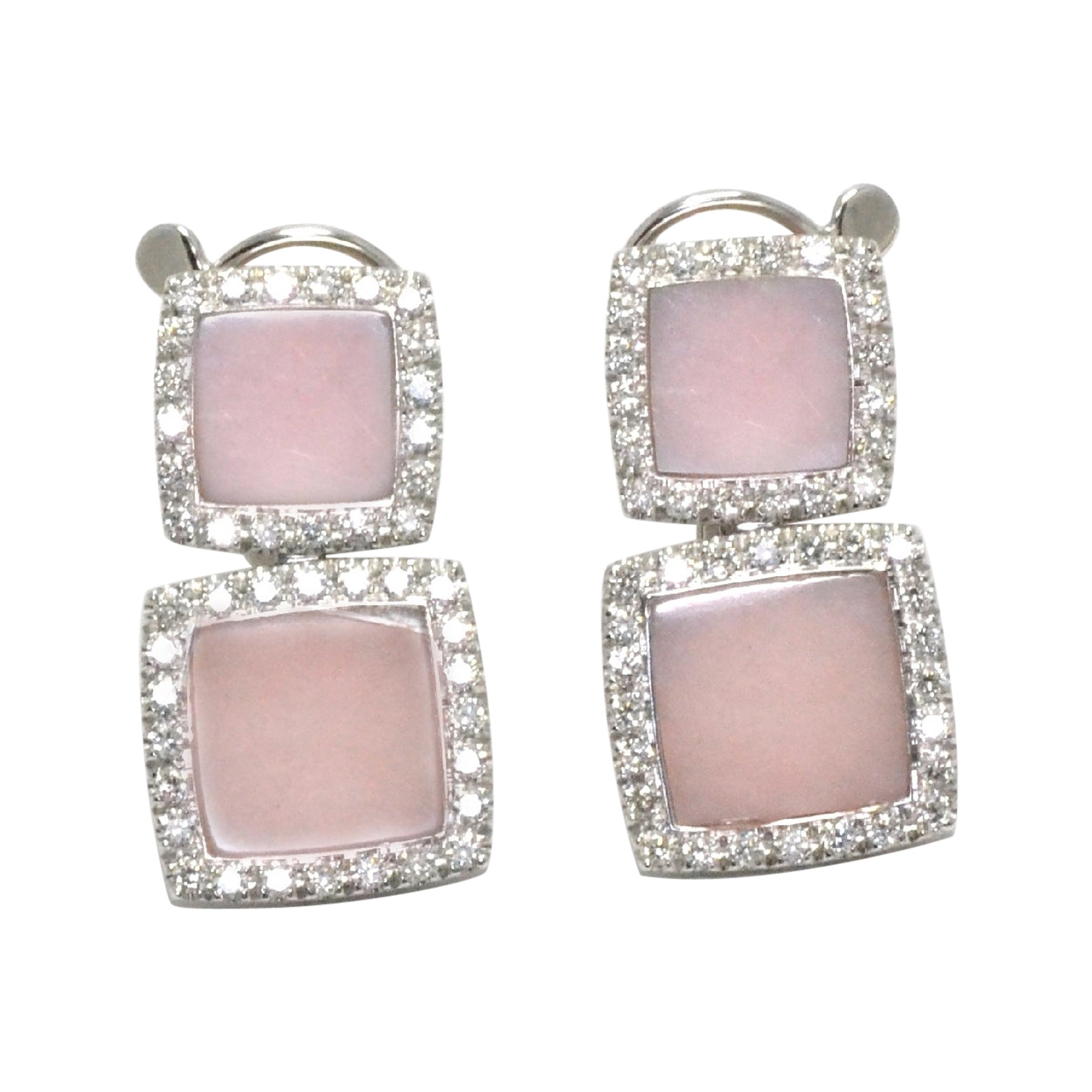 Pink Opal  Diamonds 18 Karat White Gold Made in Italy Earrings For Sale