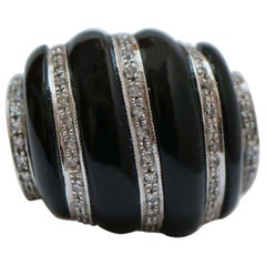 Retro Onyx, Diamonds, 14 Karat White Gold Dome Ring.