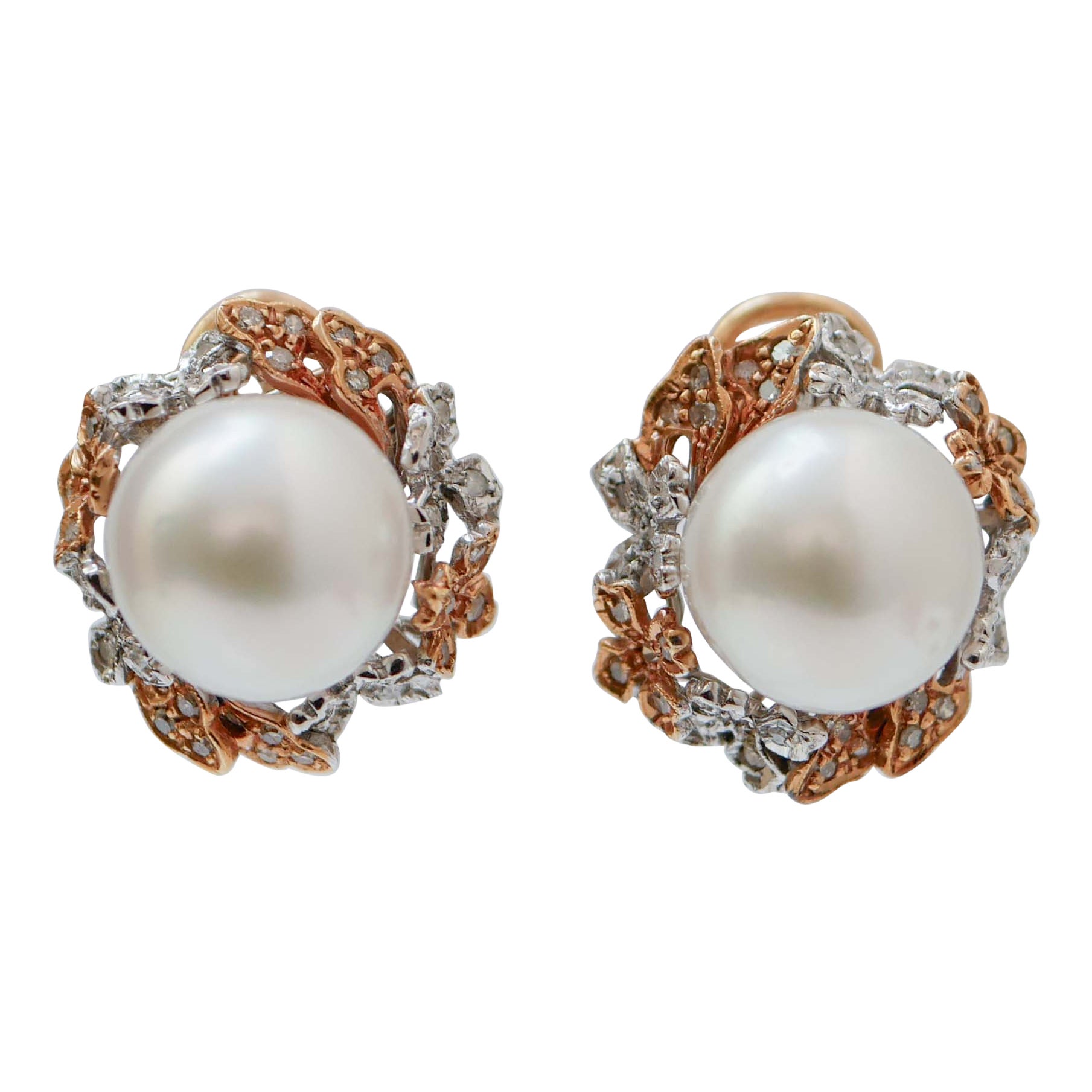 South- Sea Pearls, Diamonds, 14 Karat White Gold and Rose Gold Earrings. For Sale