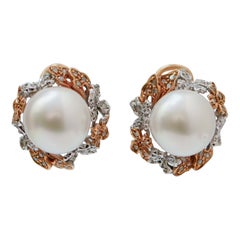Vintage South- Sea Pearls, Diamonds, 14 Karat White Gold and Rose Gold Earrings.