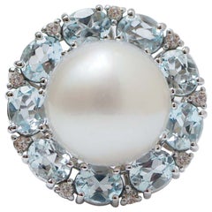 South-Sea Pearl, Aquamarine,  Diamonds, 14 Karat White Gold Ring.