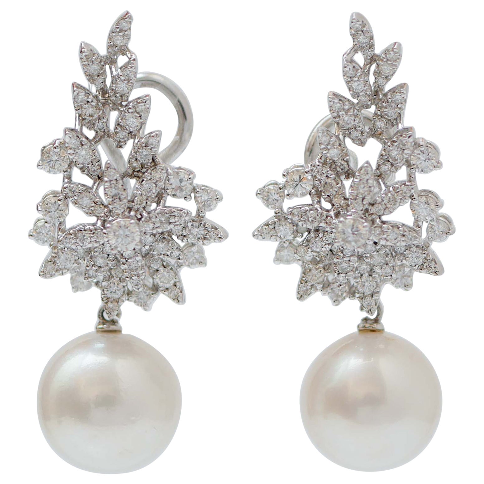 South- Sea Pearls, Diamonds, 18 Karat White Gold Earrings.
