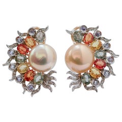 Retro Pearls, Multicolor Sapphires, Diamonds, 14 Kt Rose Gold and White Gold Earrings.