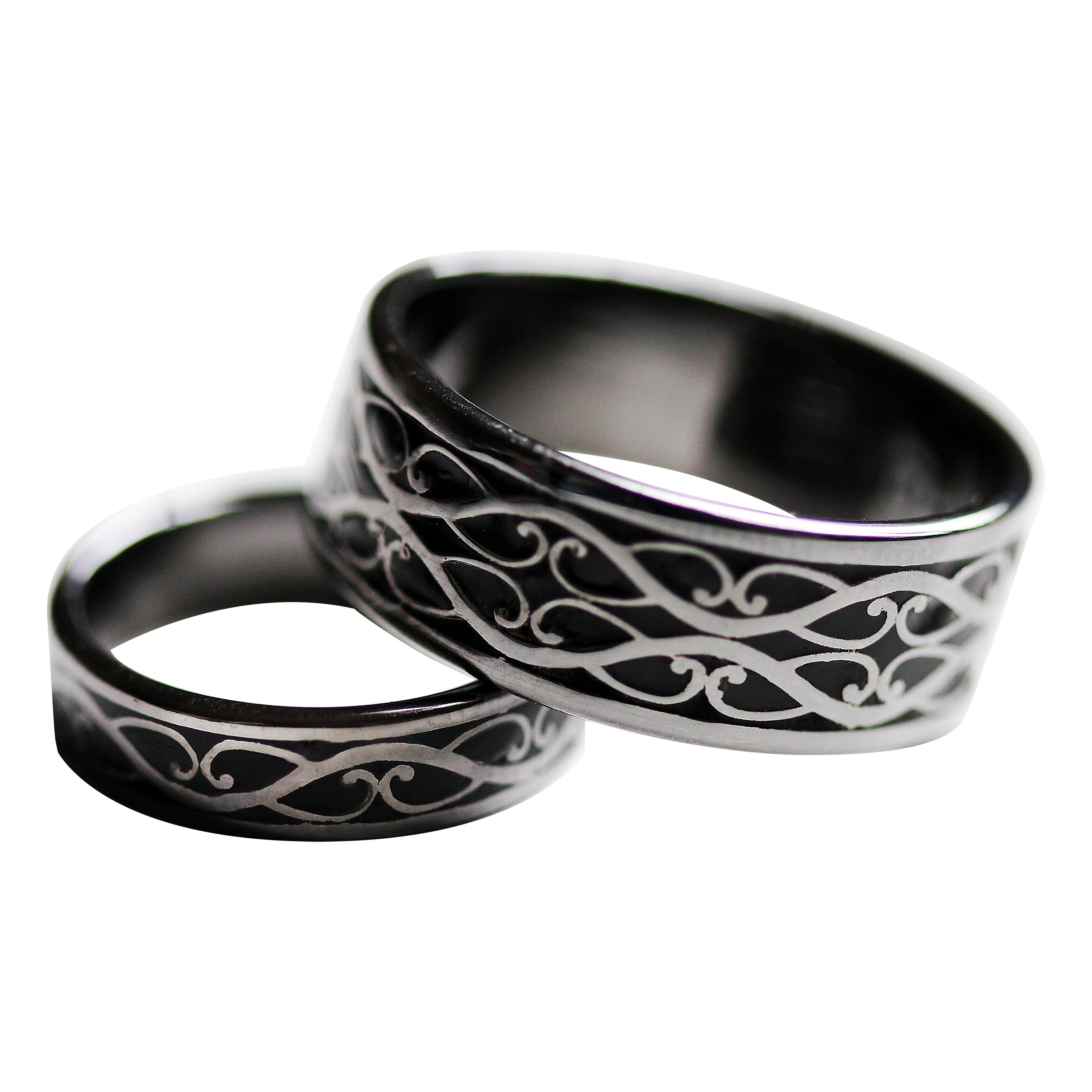 For Sale:  Viking Pattern Black Enamel Textured wedding rings set