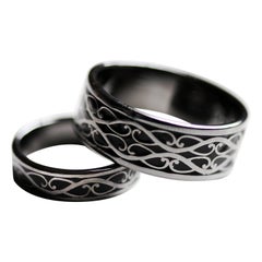 Used Viking Pattern Black Enamel Textured wedding rings set 