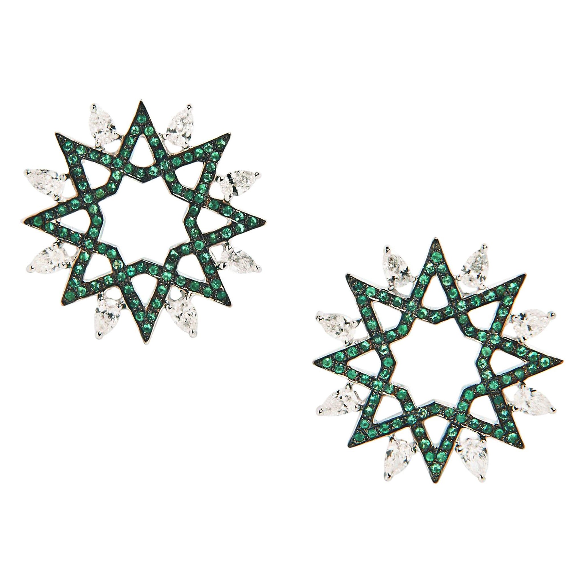 Ralph Masri Arabesque Deco Emerald and Diamond Earrings For Sale