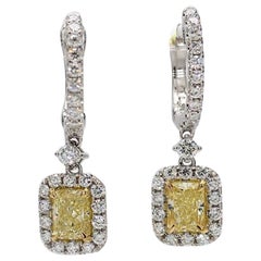 GIA Certified Natural Yellow Radiant Diamond 2.94 Carat TW Gold Drop Earrings