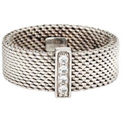 Tiffany & Co Diamond Somerset Ring Sz 6.5 Sterling Silver Mesh Band Estate