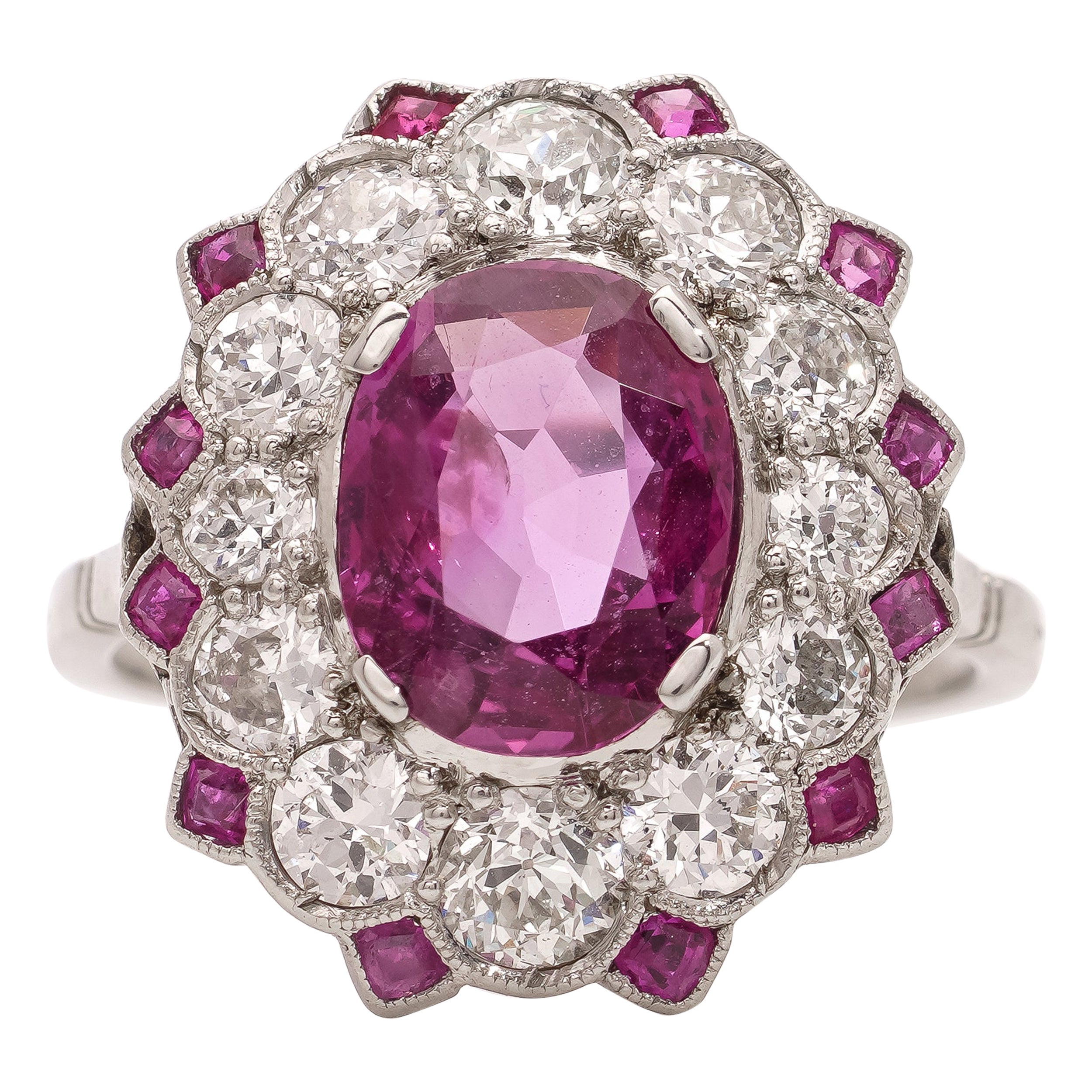 Platinum oval-shaped 2.25 cts. Natural Burma ruby cluster ring  For Sale