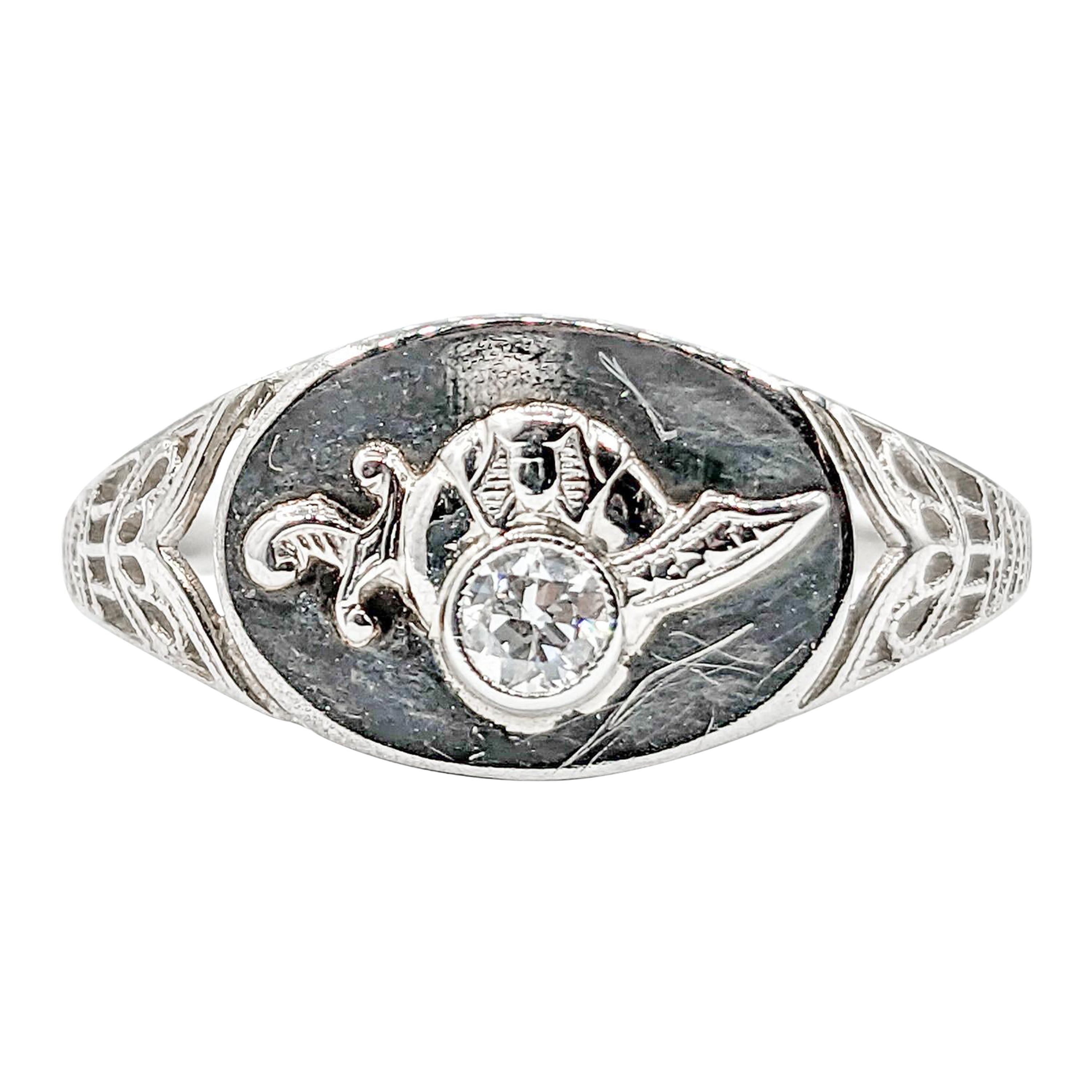 Shriner Diamond Filigree Ring in White Gold For Sale