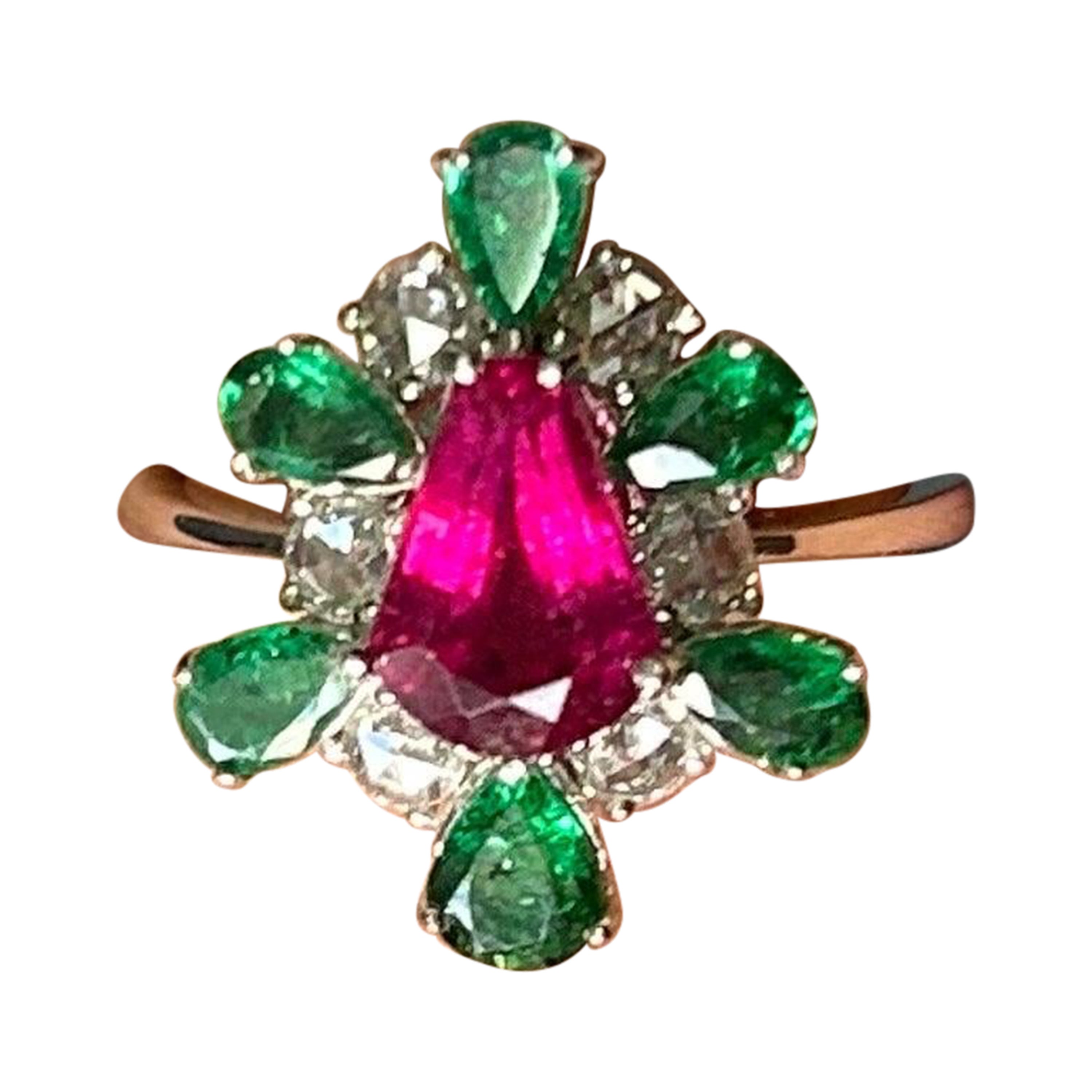 Certified 1.43 Carat Mozambique Ruby and Emerald Cocktail Engagement Ring For Sale