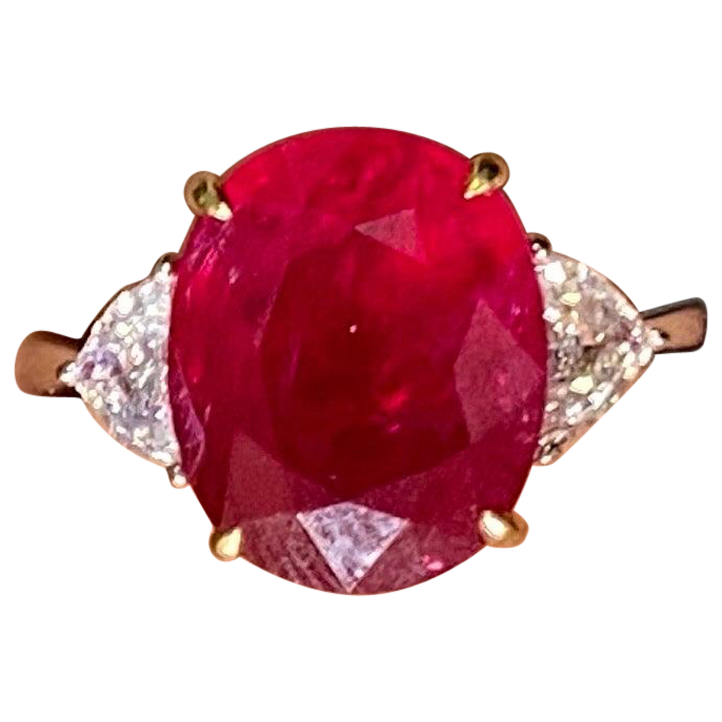  Certified 8.11 Carat Mozambique Ruby and Diamond Three Stone Engagement Ring For Sale