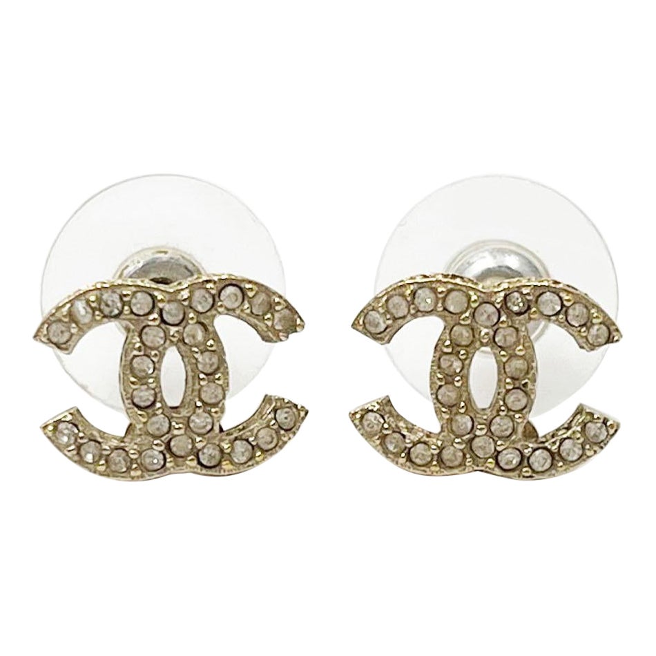 Chanel Classic Light Gold CC Crystal Small Curve Piercing Earrings 