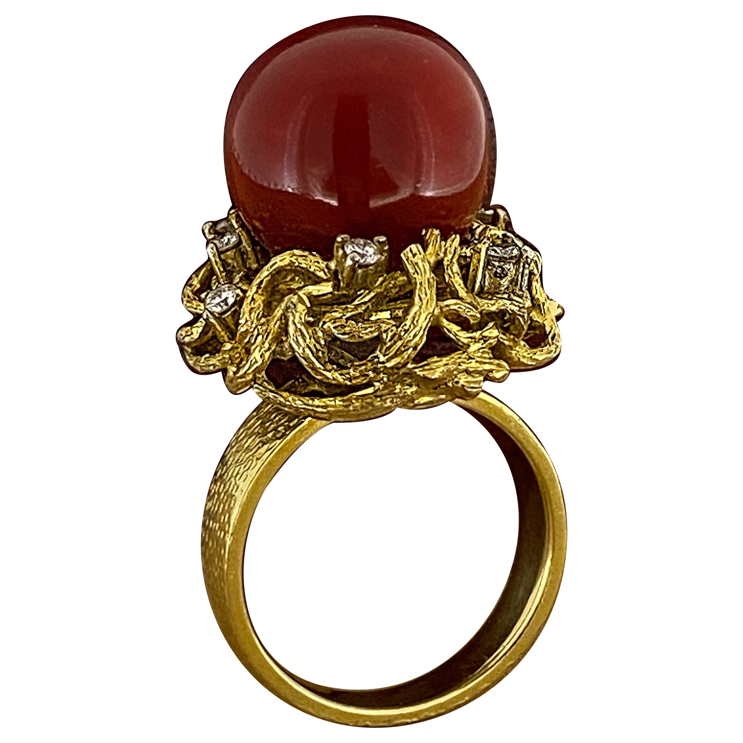 20ct (14mm) Natural Mediterranean OxBlood Red Coral & Diamond Ring in 14K Gold. For Sale